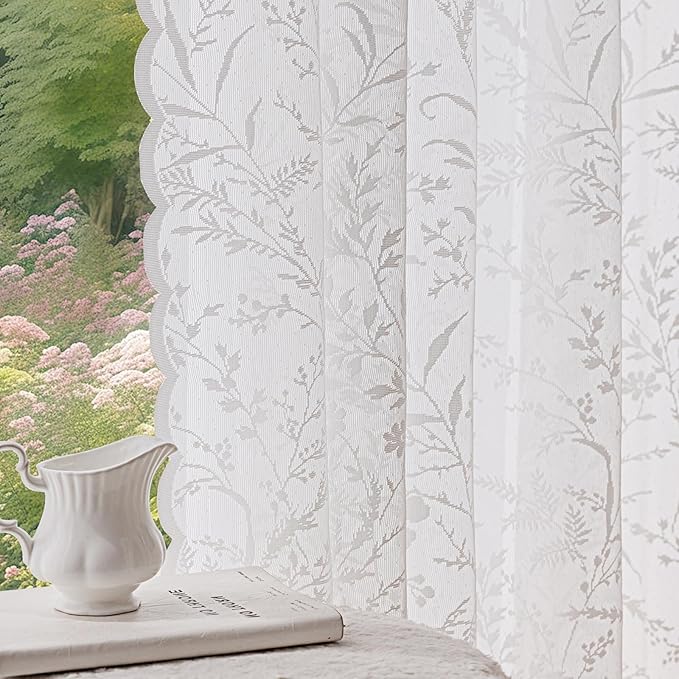 Anmao Vintage Lace Curtains 54 Inches Long 2 Panels Set, Romantic Elegant Light Filtering Semi Sheer Floral Thick Lacy Curtain Drapes for Living Room and Bedroom, Each Panel 55W x 54L, White Leaves