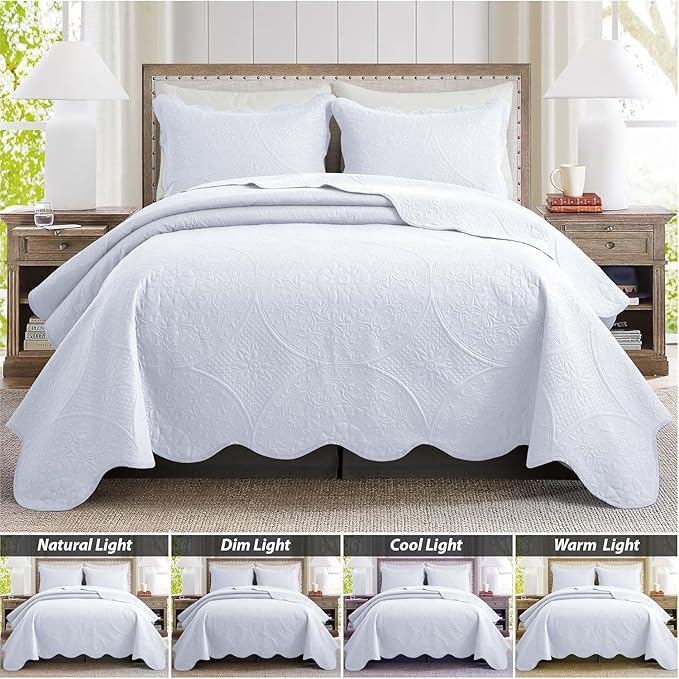 IR Imperial Rooms Twin Quilt Bedding Set Size (68” x 86”) + 1 Pillow Shams (20” x 26” + 2”) - 2 Pcs All Season Lightweight Reversible Microfiber Coverlet Floral Embossed Quilt Bedspread (White)