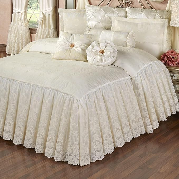 Cameo Lace Luxury Washable Polyester Bedding | Vintage | Pearl Scroll Leaf Quilting | Set of Nine: Full Bedspread, 2 Standard Shams, 2 European Pillows and 2 European Shams, Square and Round Pillows
