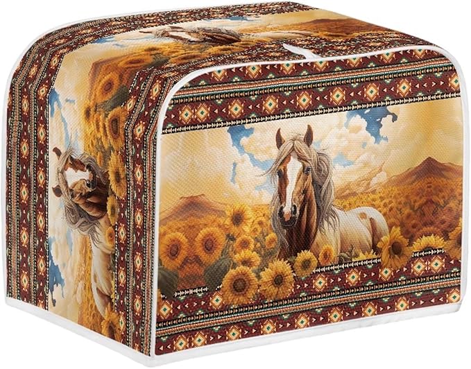 Aztec Horse Sunflower Printed Oven Cover Toaster Cover for Home, Tribal Horse Printed Toaster Cover Dirt and Fingerprint Protection, 4 Slice Toaster Oven Cover Kitchen Accessories
