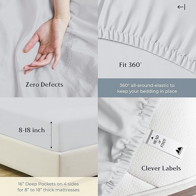 Mayfair Linen 100% Egyptian Cotton Split King Sheets Sets for Adjustable Bed - 500 Thread Count Split Top King Sheet (5 PC, Silver), Soft, Cooling, Breathable, Sateen Weave 16" Deep Pocket Hotel Sheet