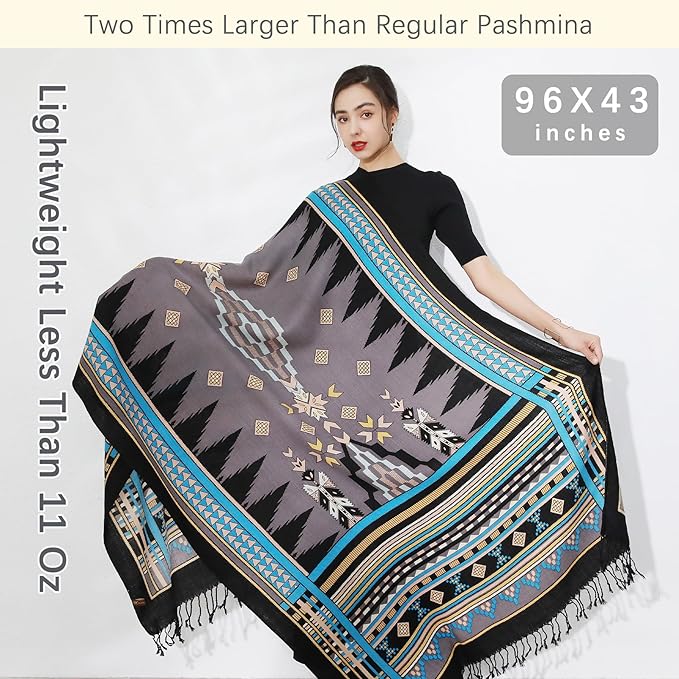DANA XU 100% Merino Wool Pashmina Shawl for Women 96"x43", Oversized Cashmere Wrap with Tassels, Floral Travel Blanket Cape
