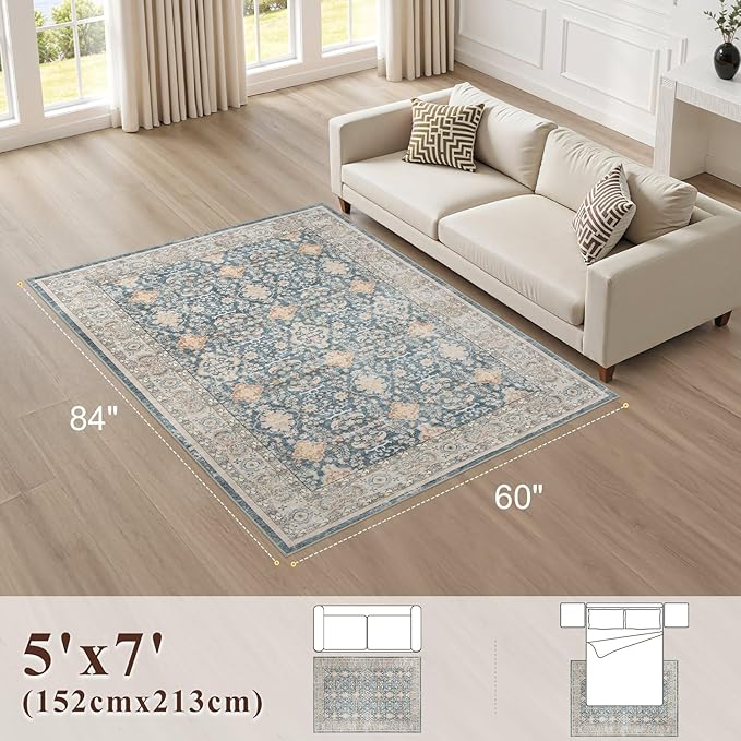 Vintage Living Room Area Rug 5x7 - Large Soft Washable Oriental Traditional Distressed Farmhouse Rugs for Bedroom - Indoor Floor Accent Carpet for Home Office House Decor - Dark Blue