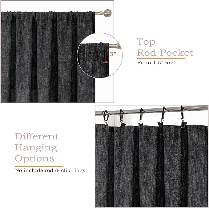 Simplebrand Black Faux Linen Textured Curtains 63 Inch Length 2 Panels for Bedroom, Semi Sheer Light Filtering Privacy Farmhouse Curtains, Soft Thick Rod Pocket Window Drapes, 40W x 63L Inch