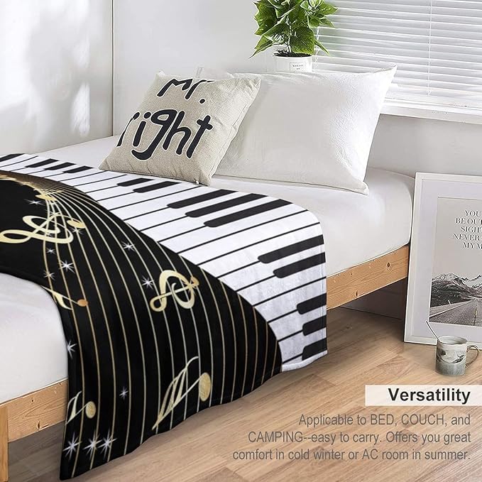 Music Note Blanket Black White Piano Keys Gold Music Note Soft Cozy Lightweight Throw Blanket for Kids Girls Boys Bedroom Living Room Dorm Chair Sofa Travel 50x60in