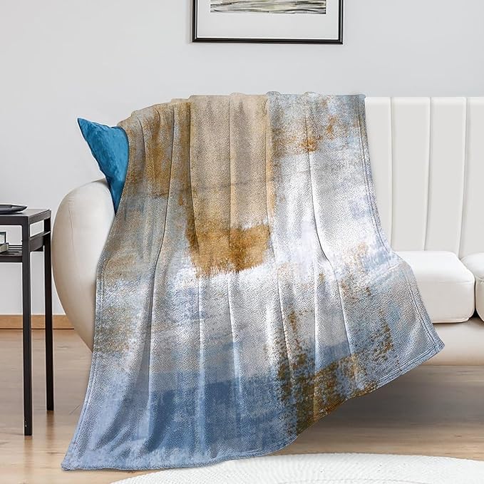 Abstract Gradient Blanket, Modern Fashion Art Blue Brown Painting Strokes Pattern Soft Warm Cozy Plush Flannel Covers for Livingroom Bedroom Couch Chair Camping Travel Home Decor Tapestry 60x80in