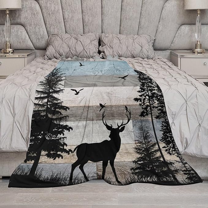 Rustic Deer Throw Blanket, Retro Cabin Farmhouse Country Lodge Blue Brown Wooden Board Wild Forest Animals Deer Bird Print Warm Cozy Blanket for Bed Couch Sofa Travel, 50"x60"
