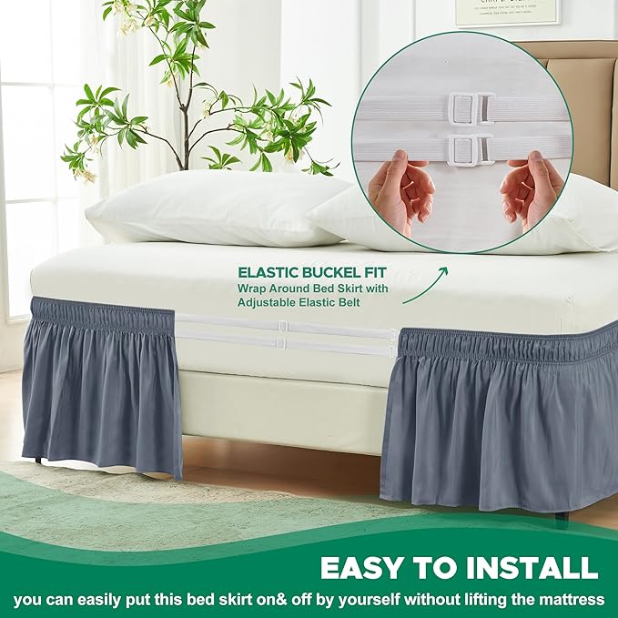 Biscaynebay Wrap Around Bed Skirts for Queen Beds 15" Drop, Dark Grey Flora Home Elastic Dust Ruffles Easy Fit Wrinkle & Fade Resistant Silky Luxurious Fabric Machine Washable