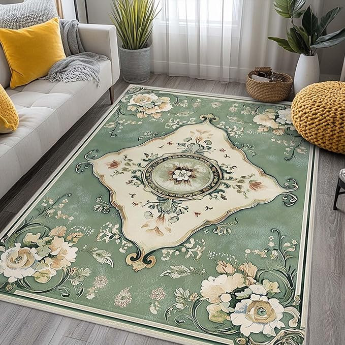 6x9 Traditional Oriental Area Rug Boho Green Rug Non Slip Low Pile Large Carpet for Home Kitchen Living Room Bedroom Dining Room Office