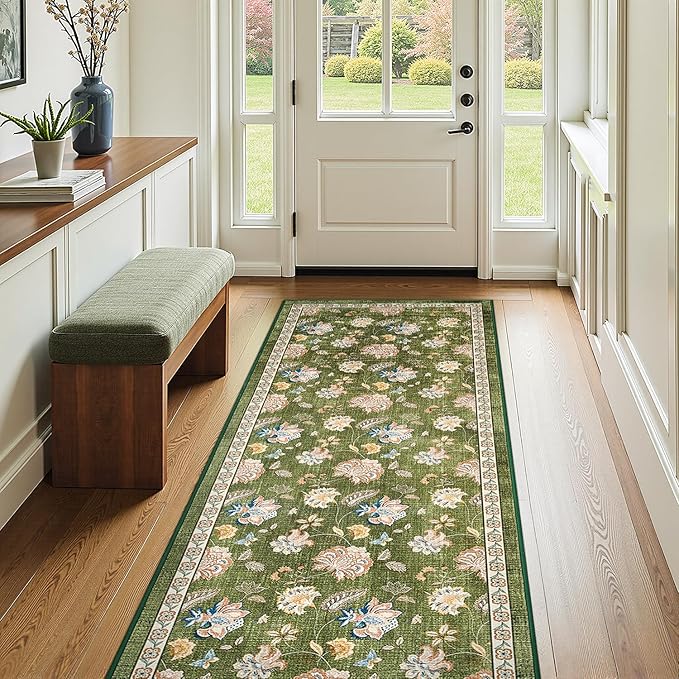 jinchan Elora 3x8 Floral Runner Rug for Hallway Washable Runner Vintage Romance Christmas Design Non Slip Thin Indoor Floor Cover Low-Profile Throw Carpet for Entryway Bathroom Bedroom Porch, Green