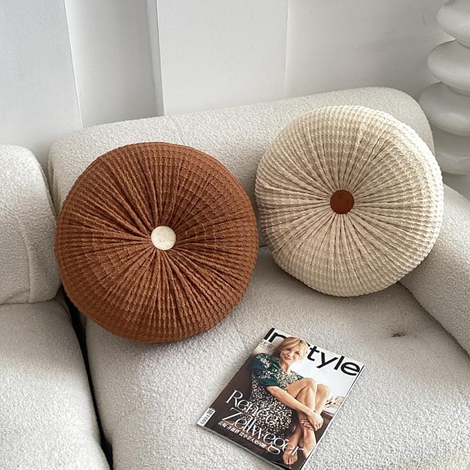 Round Throw Pillow, 15" Velvet Decorative Pleated Pumpkin Round Pillow Cushion Floor Pillows for Sofa Couch Bed Chair Living Room Floor Car Decorations, Brown