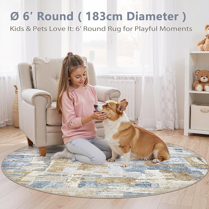 Abstract Living Room Rug 6x6 - Modern Washable Soft Thin Area Rug for Living Room Bedroom Under Dining Table - Neutral Indoor Floor Rug Carpets for Home Office Playroom Nursery - Blue Gold