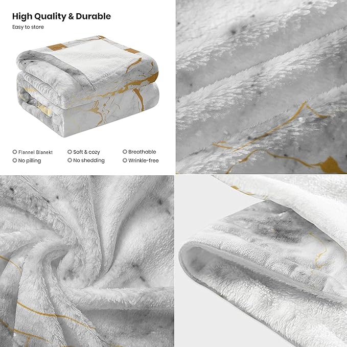 Gold Marble Throw Blanket for Couch, Super Soft Fuzzy Throws Warm Comfortable Plush Fleece Blanket, Fashion Decorative Flannel Fleece Blanket for All Season(50 x 60 in, Gold Marble)