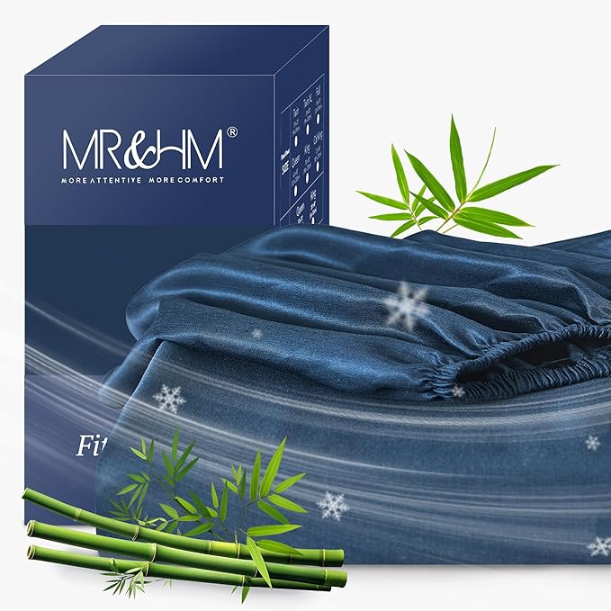 MR&HM Full Fitted Sheet Only, Ultra-Soft Rayon Derived from Bamboo & Polyester Blend, Silky & Breathable, 15" Deep Pocket with Elastic Straps, Cooling Fitted Sheet for Hot Sleepers, Navy Blue