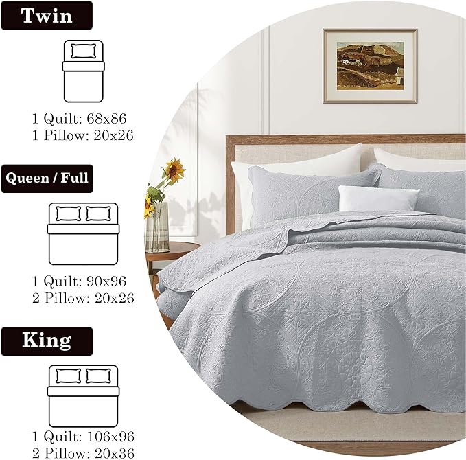 IR Imperial Rooms 8 Pack Quilt King Size Bedding (106" x 96") - Bulk Wholesale for Hotels, Guest Bedroom & Airbnbs - Lightweight Microfiber Reversible Floral Embossed Quilts Bedspreads (Silver)