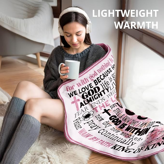Pink Christian Blanket, Bible Verse Throw Blankets for Girly Room Bedroom Dorm Couch Bed Decor, Religious Scripture Blanket, Christian Gifts for Women Faith Girls, 50x60 Inch