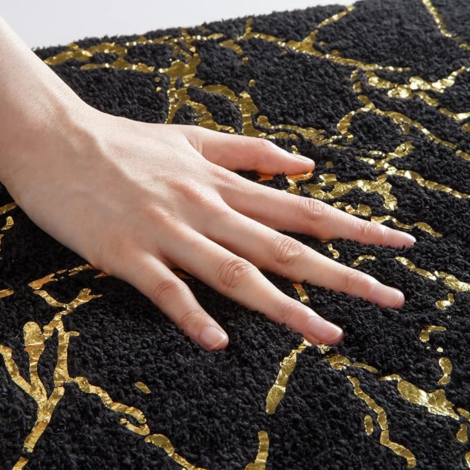 QJHOMO Marble Bathroom Rug Black and Gold Decor Bathroom Rugs Non Slip Bath Mat Super Absorbent Microfiber Plush Bathmat Machine Washable Floor Carpet for Tub, Shower, Bedroom 16"x24"