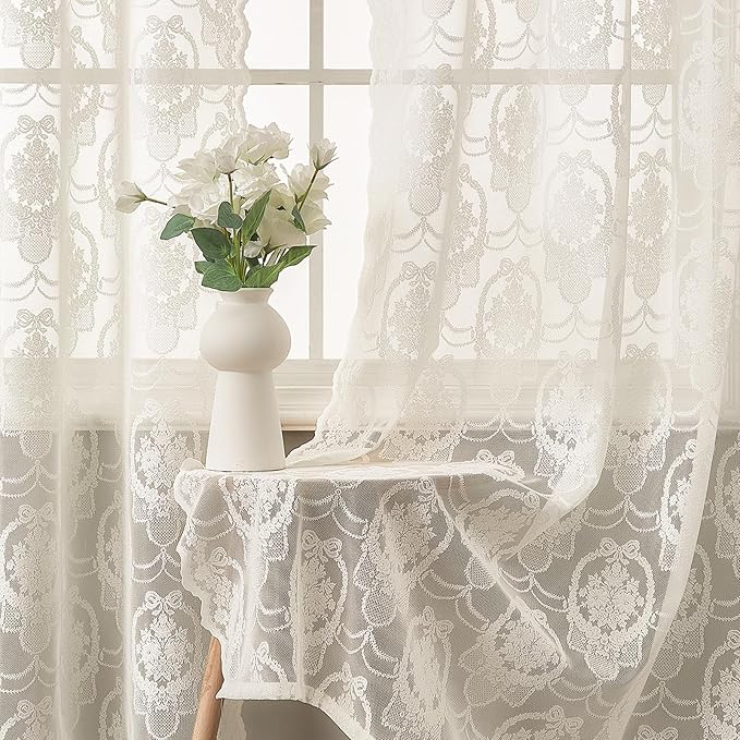 Ivory Vintage Country Floral Lace Sheer Curtains 84 Inches Long -Rod Pocket Light Filtering French Privacy Scalloped Edges Rod Pocket Boho Bedroom ，52 x 84 Inch, 2 Panels