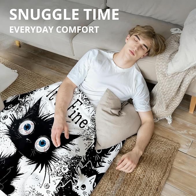 Funny Black Cat Blanket, It's Fine Everything is Fine Funny Throw Blankets for Home Bedroom Living Room Couch Bed Decor, Black Cat Mom Lovers Gifts for Women, 50x60 Inch