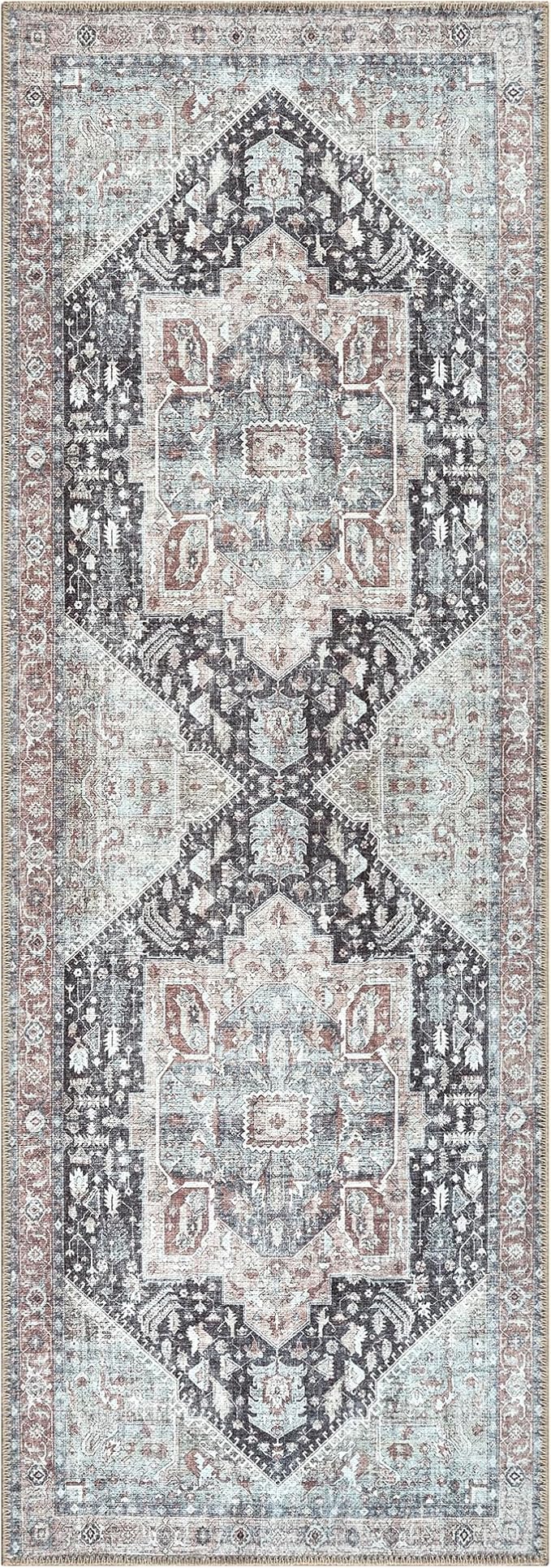 Bloom Rugs Washable Non-Slip 7 ft Runner - Charcoal/Brown Traditional Medallion Runner for Entryway, Hallway, Bathroom, and Kitchen - Exact Size: 2.5' x 7'