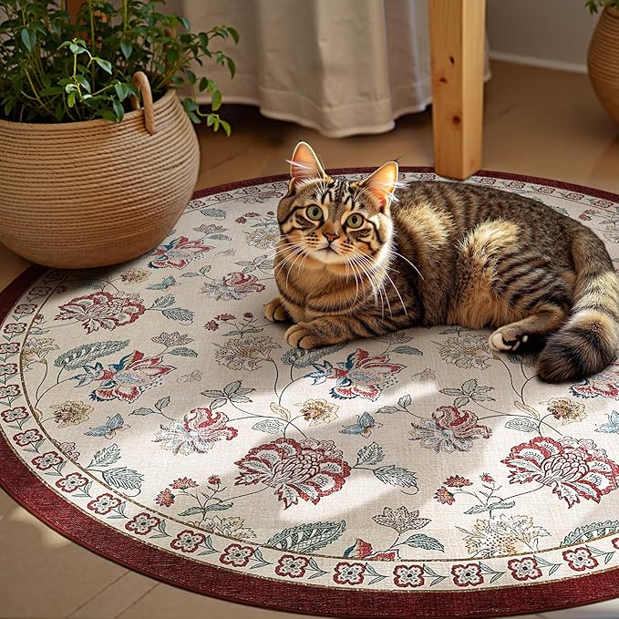 jinchan Elora 6ft Floral Round Rug for Washable Living Room Rug Vintage Romance Christmas Design Non Slip Indoor Floor Cover Lightweight Low-Profile Throw Carpet for Bedroom Porch, Red/Beige