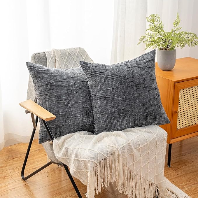 Decorative Throw Pillow Covers 20x20 Inch Set of 4, Soft Solid Farmhouse Chenille Couch Pillows, Spring Pillow Covers for Couch Sofa Bed Living Room Home Decor Pillowcase, Dark Gray