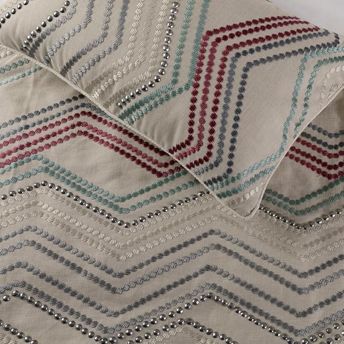 The HomeCentric King Queen Twin Beige Linen Bed Runner Without Pillow Cover, Twin Size 53"x18" Bed Runner Without Pillow Cover, Linen with Embroidery, Chevron Modern Pattern - Dotty Chevron