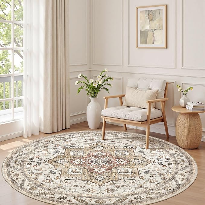 6ft Round Vintage Living Room Area Rug - 6x6 Large Soft Washable Oriental Traditional Distressed Farmhouse Rugs for Bedroom - Indoor Floor Accent Carpet for Home Office House Decor - Golden Taupe