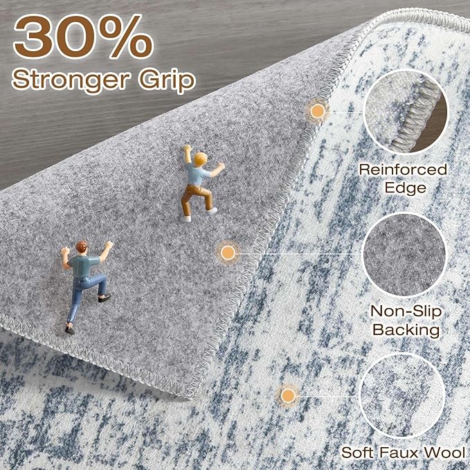 7x9 Area Rug Living Room: Washable Large Neutral Blue Rugs Abstract Soft Modern Stain Resistant Indoor Floor Non-Slip Carpet for Bedroom Nursery Kids Office Playroom Dining Room Under Table Home
