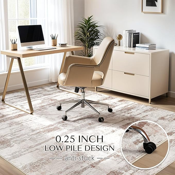 Abstract Living Room Rug 9x12 - Modern Washable Soft Thin Area Rug for Living Room Bedroom Under Dining Table - Neutral Indoor Floor Rug Carpets for Home Office Playroom Nursery - Light Brown