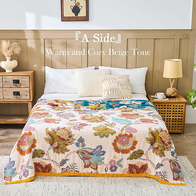 Summer Throw Blanket for Bed, 90"x98" Boho Throw Blankets 100% Cotton Quilts Farmhouse Decoration Warm Soft Blanket Muslin Bed Blankets for Couch Chair