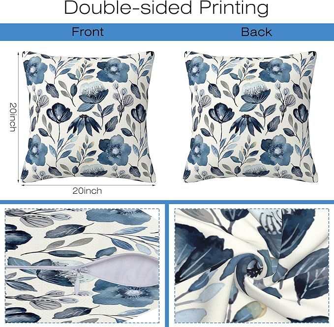 Throw Pillow Covers Blue Floral Pillow Covers 20x20 Inch Set of 2 Throw Pillows Decorative Pillow Cases Cushion Covers for Bedroom Livingroom Sofa Farm House