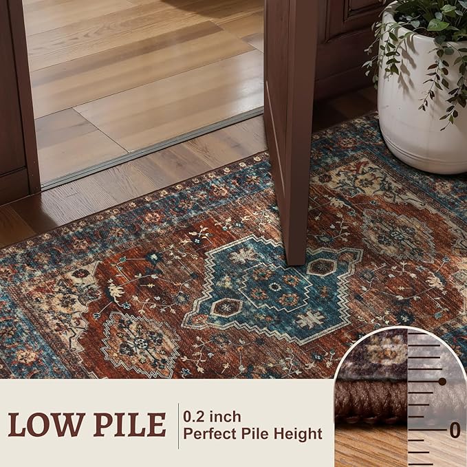 Tangsoo 2x5 Washable Runner Rug for Hallways, Non Slip Vintage Runner Rug, Soft Low Pile Long Rug Runner, Print Distressed Carpet Runners for Kitchen Bedroom Entryway Bathroom Living Room Rust