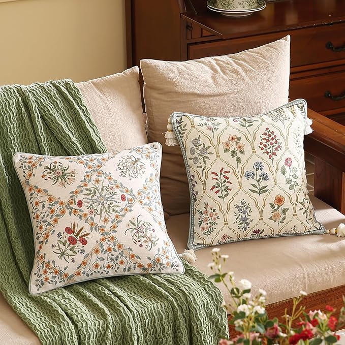 ISAENNE Design Linen Throw Pillow Covers 18"x18", Square Farmhouse Cushion Covers with Yellow Purple Watercolor Wildflower Pattern Decor Pillowcases for Bed,Living Room,Outdoor,Car