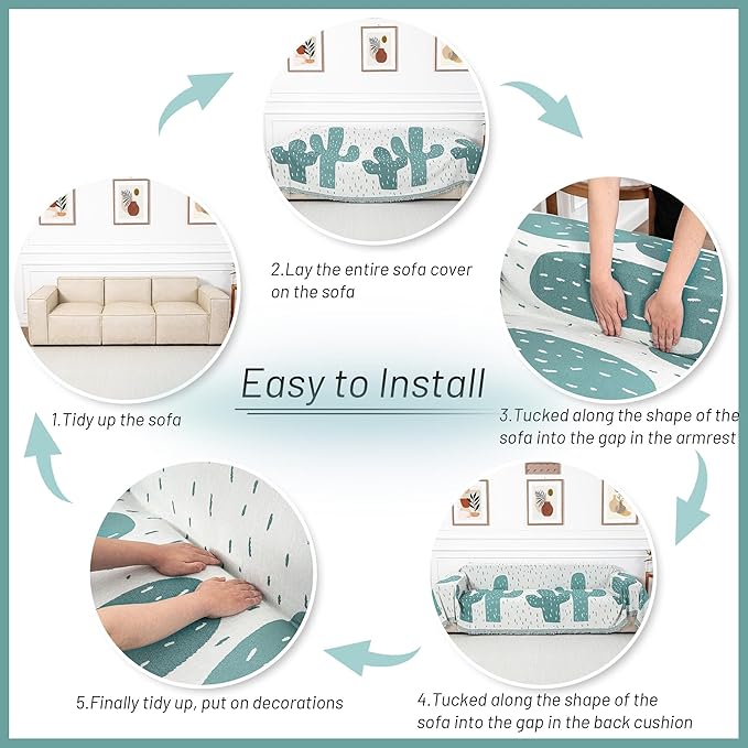 MYSKY HOME Couch Cover for Sectional Sofa Set Cactus Pattern Sofa Cover Washable for Dogs Cats Pets Couch Cover 3 Cushion Sofa Chenille Couch Protector Multi-Use Couch Cover Blanket, 71" X134"
