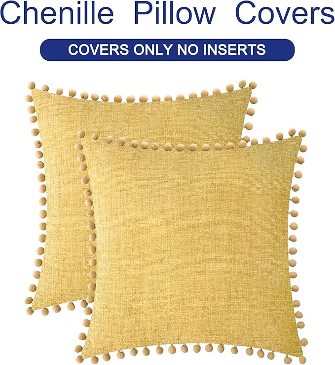 CaliTime Throw Pillow Covers Decorative 16 X 16 Inches Pack of 2 Cozy Solid Dyed Soft Chenille Cushion Cases with Pom Poms for Couch Sofa Bed Living Room Home Gold