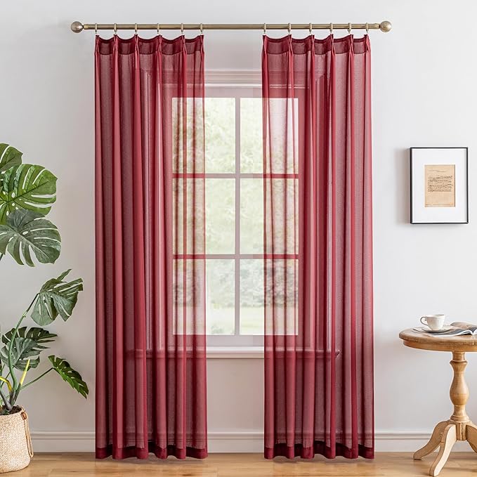 MAIHER Burgundy Red Pinch Pleated Sheer Curtains 80 Inch Length Lightweight Light Filtering Pleated Drapes with Adjustable Hooks for Dining Room Patio Door, Burgundy, 42" W x 80" L, 2 Panels