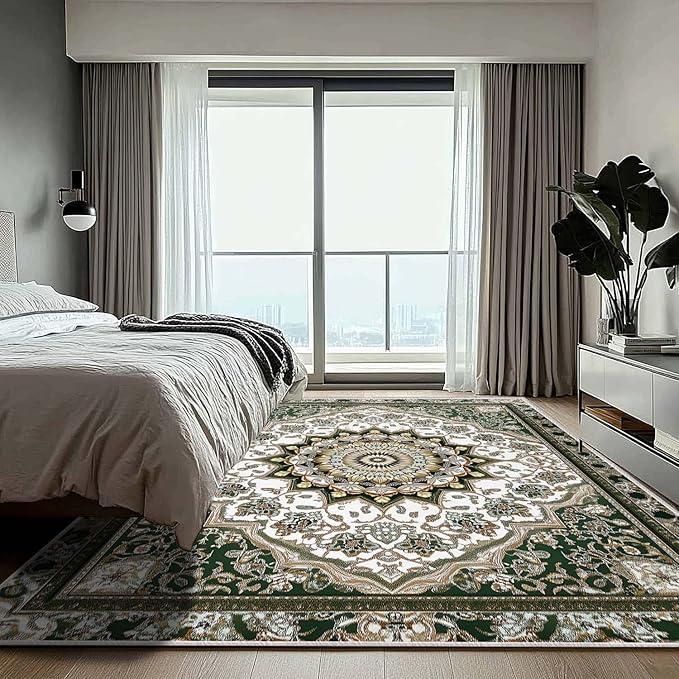 8x10 Traditional Oriental Area Rug White Dark Green Rug Non Slip Low Pile Large Carpet for Home Kitchen Living Room Bedroom Dining Room Office