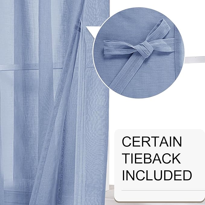 XWZO Sheer Curtains for Living Room with Tiebacks, Light Filtering Faux Linen Voile Grommet Window Curtains for Living Room, Farmhouse, Study, Dusty Blue, 52 x 63 Inches Length, Set of 2 Panels