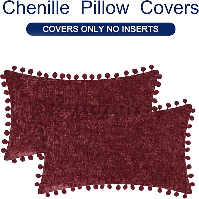 CaliTime Christmas Throw Pillow Covers Decorative 20 X 12 Inches Pack of 2 Cozy Solid Dyed Soft Chenille Cushion Cases with Pom Poms for Couch Sofa Bed Living Room Home Burgundy