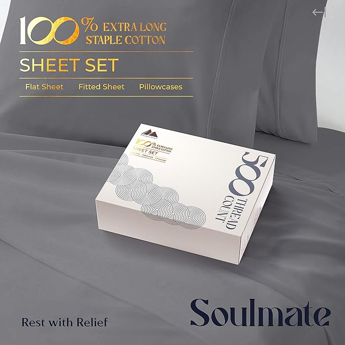Mayfair Linen 100% Cotton Bed Sheets Full Sheet Set - 500 Thread Count Sheets Full Size 4 PC Set (Dark Grey), Soft, Cooling, Hotel-Quality 16" Deep Pocket Sateen Cotton Bedsheet for Hot Sleepers