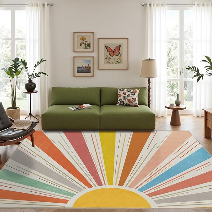 Multicolored Outdoor Indoor Area Rug Boho Sun Rainbow Washable Outdoor 8x10 Patio Rugs Medieval Aesthetic Vintage Abstract Art Non-Slip Carpet for Living Room, Patio, Porch, Pool Deck (8x10)