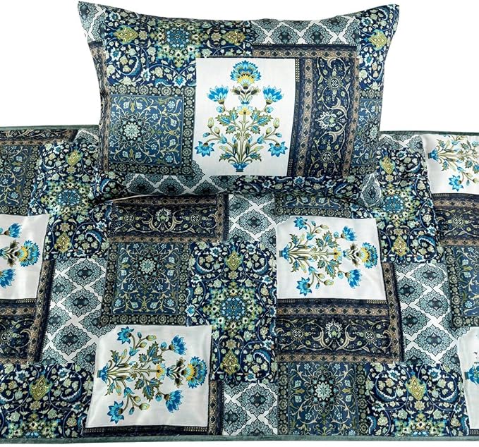 The HomeCentric King/Queen/Twin Blue Designer Full 68"x18" Bed Runner Without Pillow Cover, Perrsian Pattern & Quilted Bed Scarf on Satin Fabric - Bahar