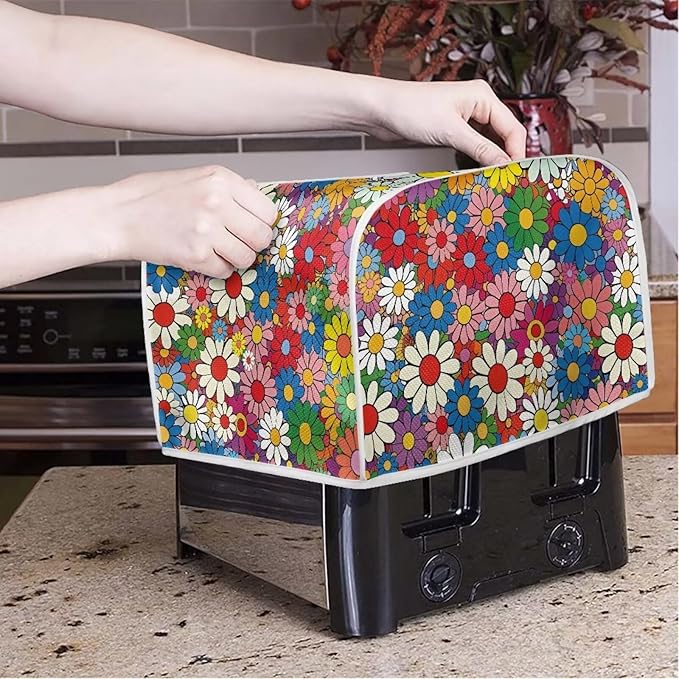 Daisy Flowers Printed Toaster Cover 2 Slice Wide Slot, Washable Kitchen Appliance Small Oven Bakeware Protector, Bread Maker Cover Dust and Fingerprint Protection