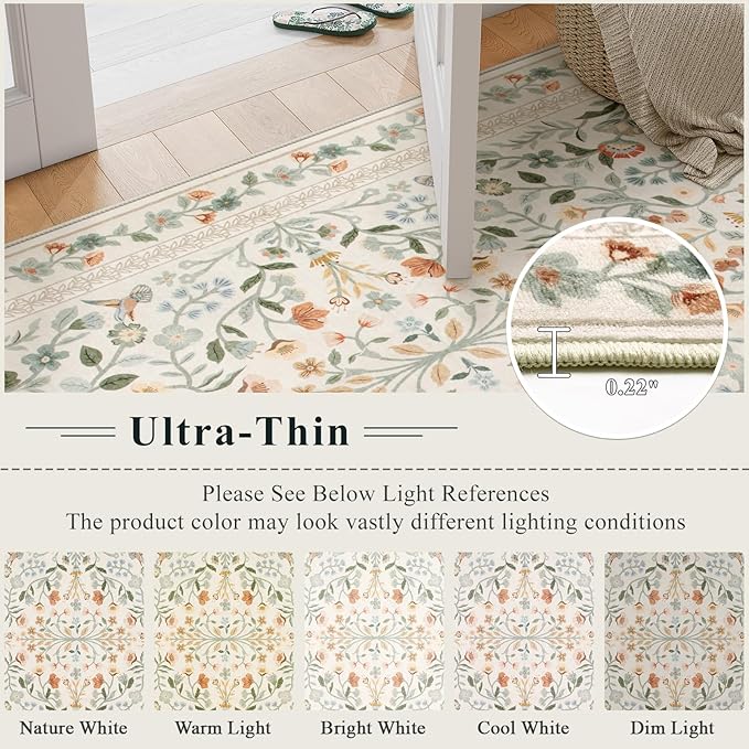 Lahome Floral Area Rug 5x7, Washable Soft Kids Room Nursery Rug Non Slip Ultra-Thin Carpet for Bedroom, Vintage Botanical Print Carpet for Playroom Classroom Living Room, Beige