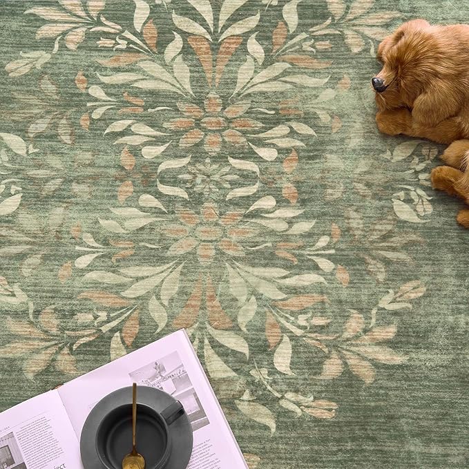 jinchan Round Rug 6ft Area Rugs Vintage Floral Distressed Design Machine Washable Soft Non-Slip Low-Pile Ultra-Thin Christmas Circle Rug for Living Room Dining Room Bedroom (6' Round, Dark Green)