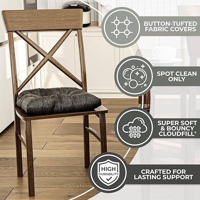 Klear Vu Gripper Overstuffed Universal Non-Slip Dining Chair Cushions for Kitchen Decor or Office Use, U-Shaped Skid-Proof Seat Pad, 17x17 Inches, 2 Count (Pack of 1), Chenille Black