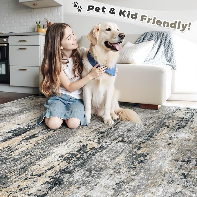 Area Rugs 8x10 for Living Room: Washable Rug Modern Abstract Neutral Soft Non-Slip Low-Pile Indoor Large Carpet for Bedroom Dining Room Playroom Home Office (Black Grey Brown, 8'x10')