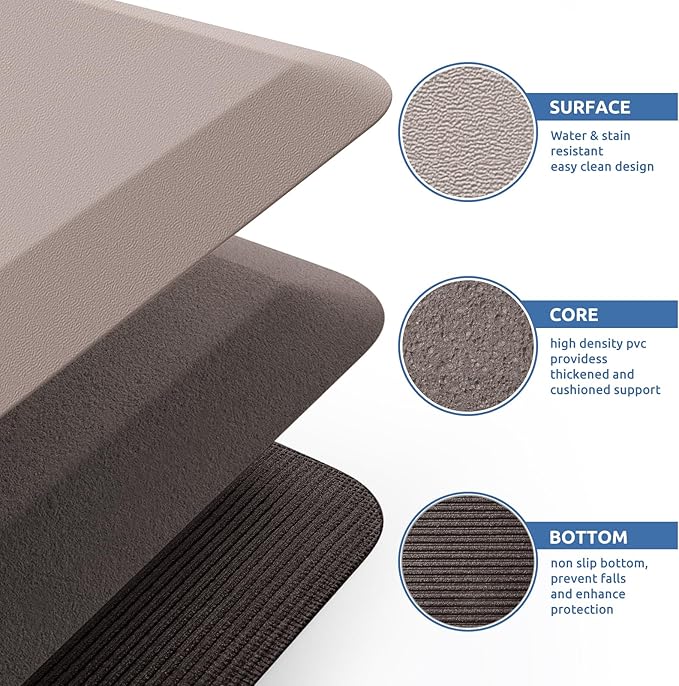 KitchenClouds Kitchen Mat Cushioned Anti Fatigue Rug 24"x70" Waterproof, Non Slip, Standing and Comfort Desk/Floor Mats for House Sink Office (Khaki)