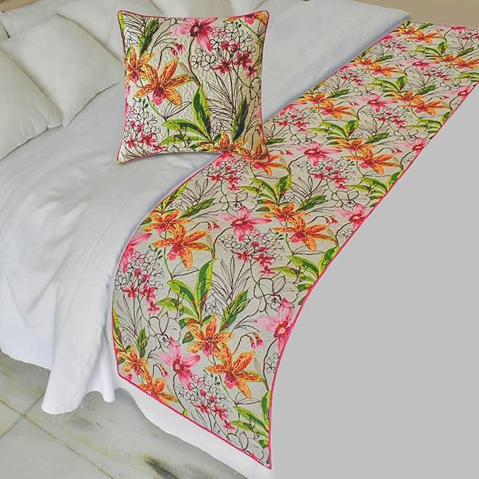 The HomeCentric King/Queen/Twin Pink Decorative Bed Runner Twin 53"x18" Bed Runner with Two Pillow Cover, Quilted, Pom Pom Lace Bed Scarf on Cotton Fabric - Lily Haven